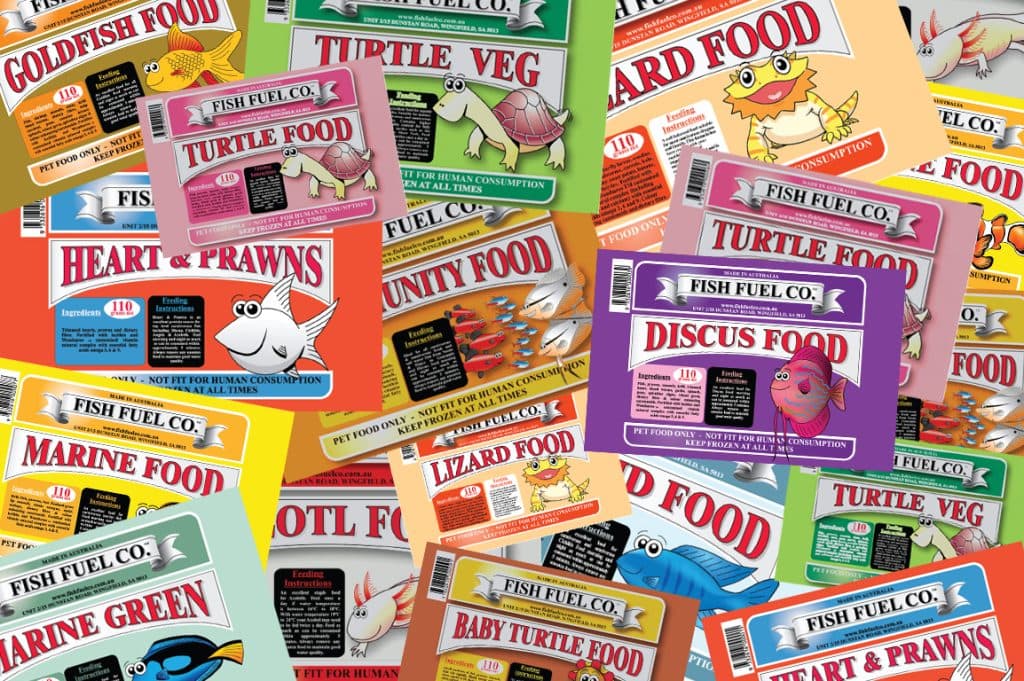 Fish Fuel Co frozen fish, reptile and turtle food packets including Turtle Dinner, Turtle Veg, Heart and Prawn, and Lizard Food in store freezer
