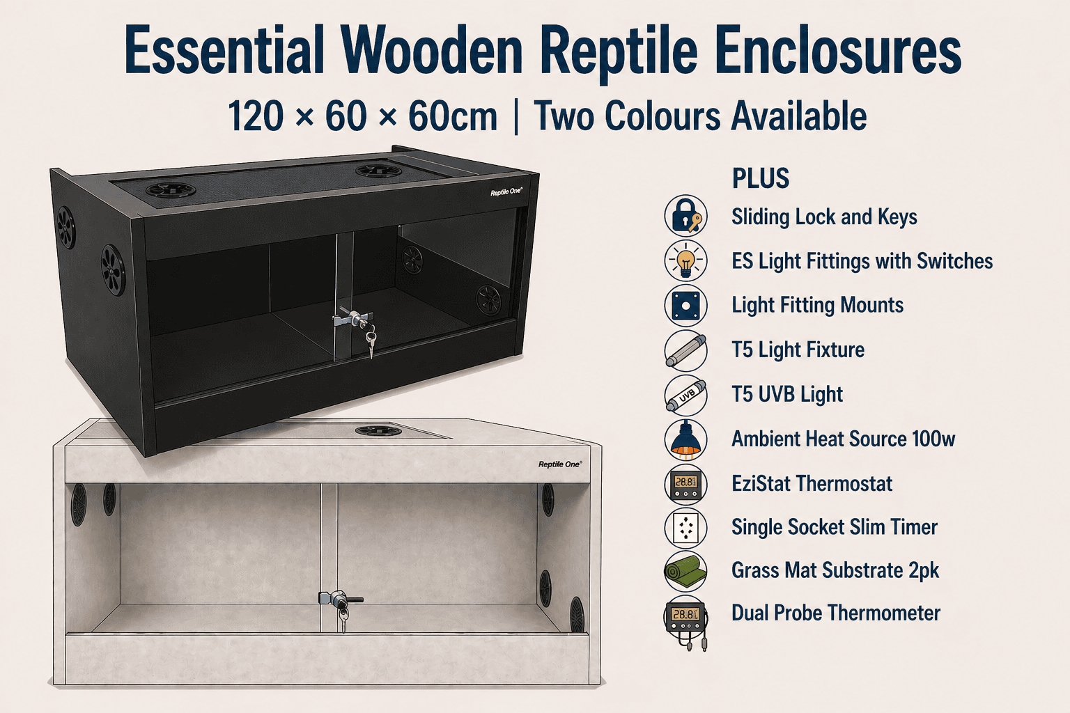 Essential wooden reptile enclosure kits in black and concrete finishes with UVB lighting, thermostat heating, and secure sliding glass doors at Pets Everywhere Adelaide.