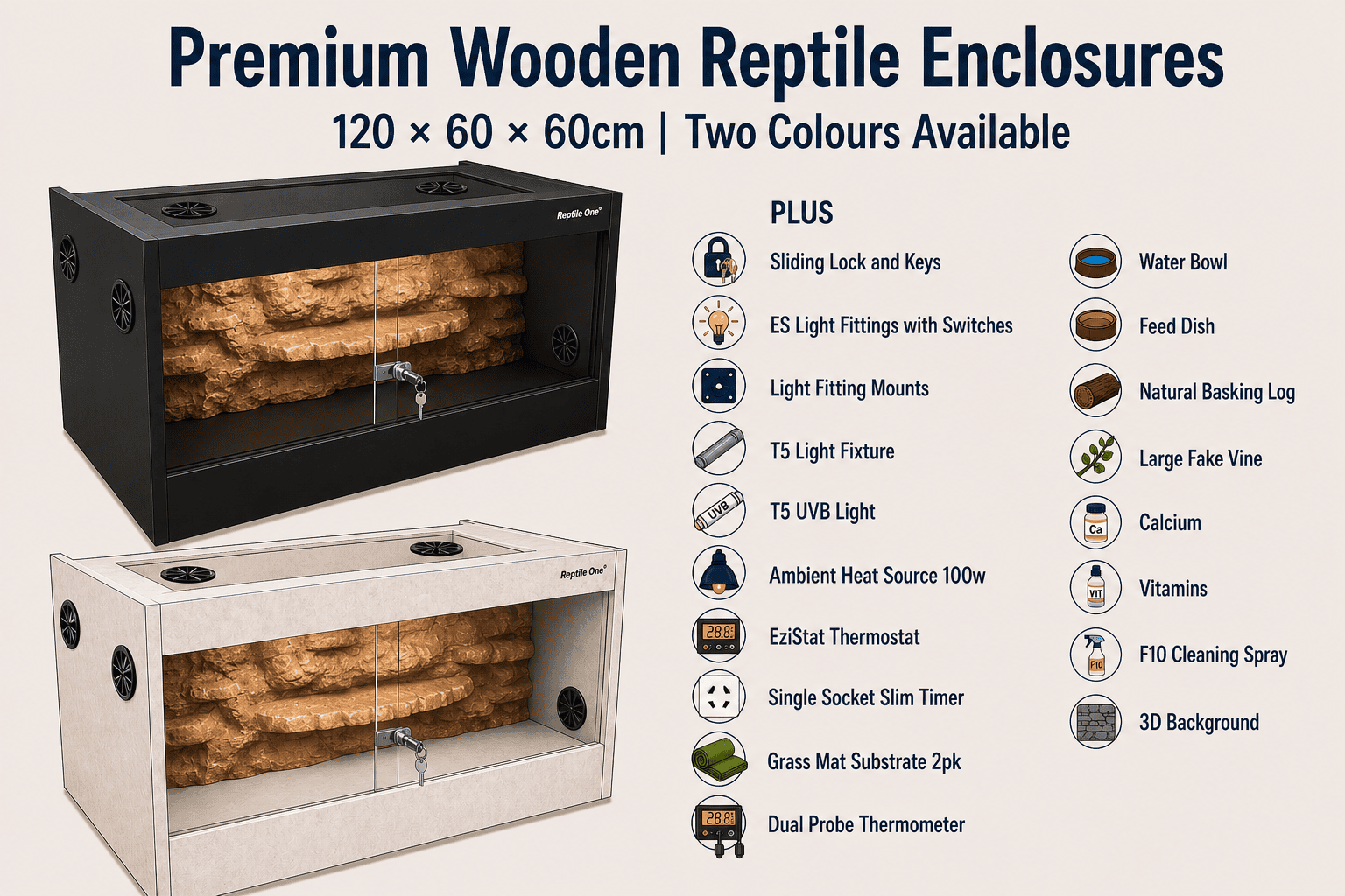 Premium wooden reptile enclosure kits with 3D background, basking décor, feeding accessories, and thermostat controlled heating in black and concrete finishes.