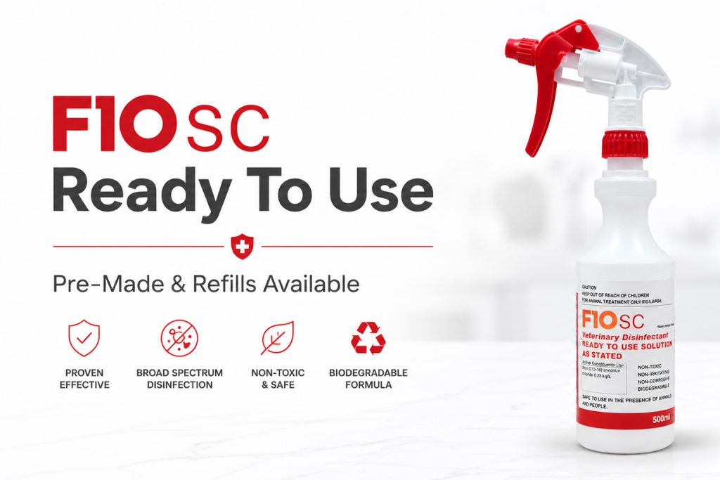 F10SC Ready To Use veterinary disinfectant spray available at Pets Everywhere, with refills available.