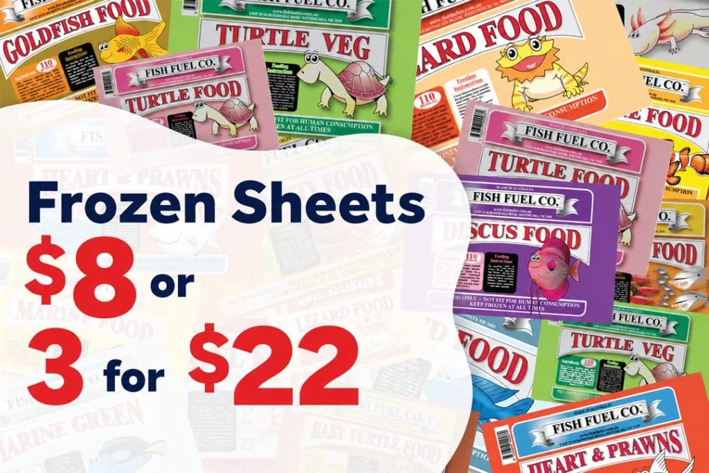 Assorted Fish Fuel Co frozen food sheets, $8 each or 3 for $22 at Pets Everywhere.