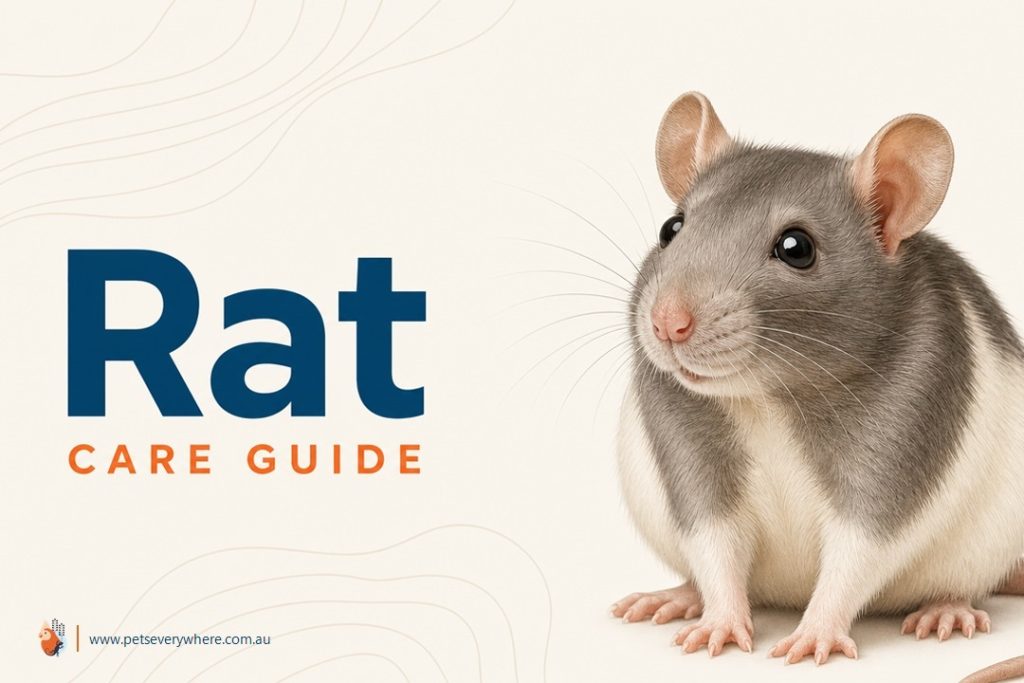 Rat Care Guide featuring a grey and white pet rat